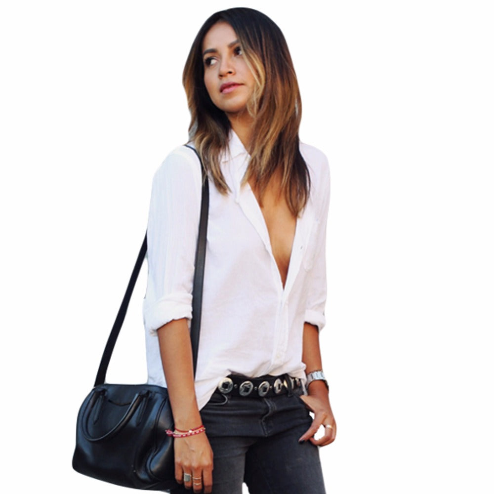 2017 Autumn Women Blouses Solid Long Sleeve Pocket Shirt Women Casual Tops Elegant Blouse Ladies blusas mujer de moda XXL White