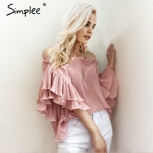 Simplee Ruffle off shoulder chiffon blouse shirt Women elegant pleated summer blouse top tees Female casual white blouse bluasa