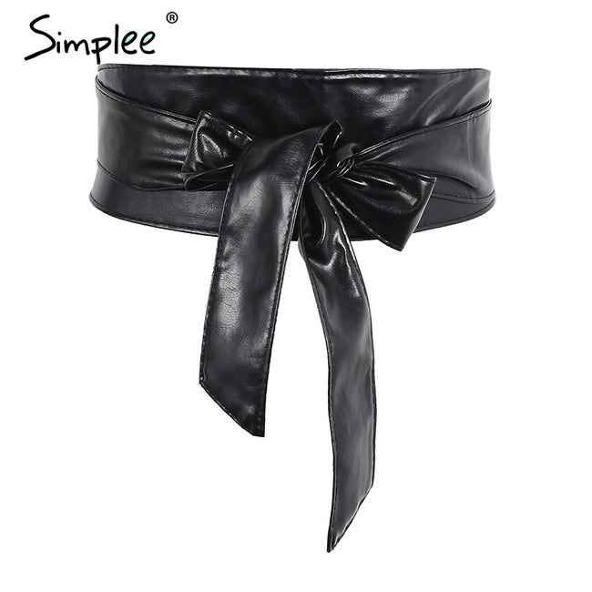 Simplee Sexy pu leather black belts cummerbunds Wrap around tie wide waistband belt corset Bodycon elegant cummerbund for women