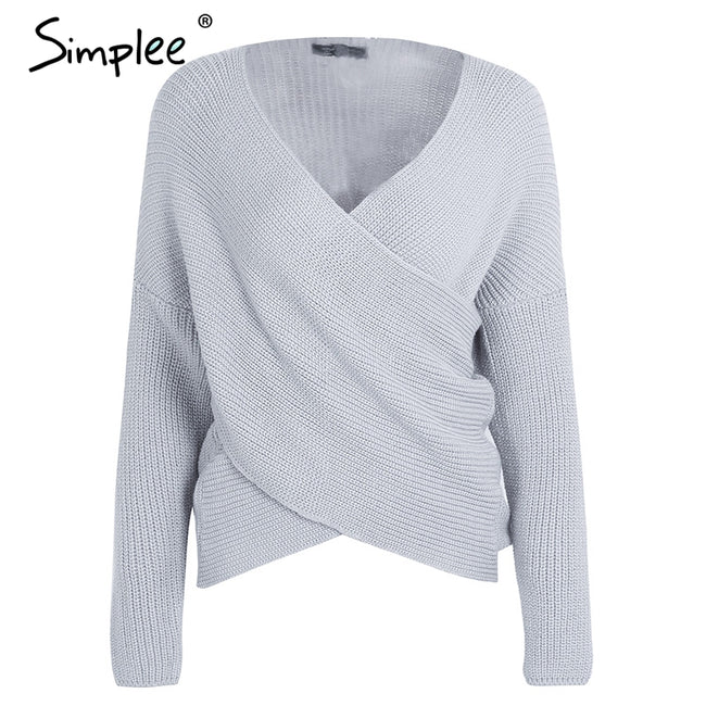 Simplee V neck cross knitting winter sweater women Fashion down sleeve pullover female New 2017 autumn winter casual jumper