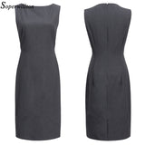 Soperwillton 2016 New Summer Office Dress Women Elegant O-neck Sleeveless Knee Length Wear to Work Sheath Ladies Dresses #BD725