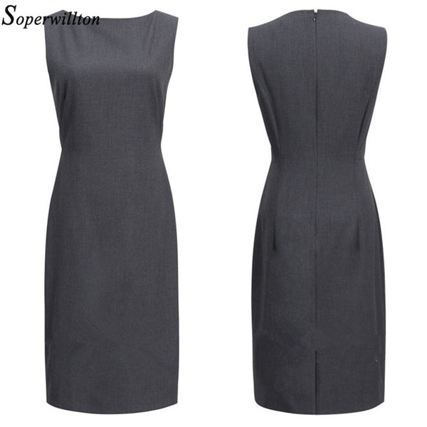 Soperwillton 2016 New Summer Office Dress Women Elegant O-neck Sleeveless Knee Length Wear to Work Sheath Ladies Dresses #BD725