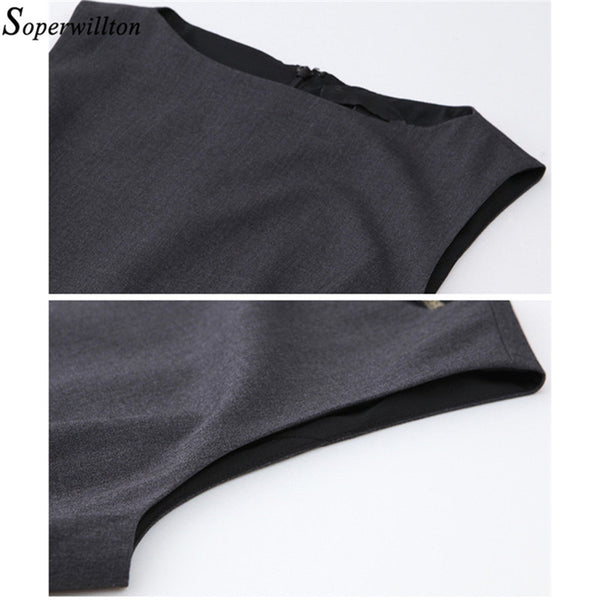 Soperwillton 2016 New Summer Office Dress Women Elegant O-neck Sleeveless Knee Length Wear to Work Sheath Ladies Dresses #BD725