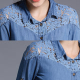Soperwillton 2017 Embroidery Autumn Blouse Elegant Lace Patchwork Denim Shirts Women Casual Long Sleeve Tops Blouses #BB0780