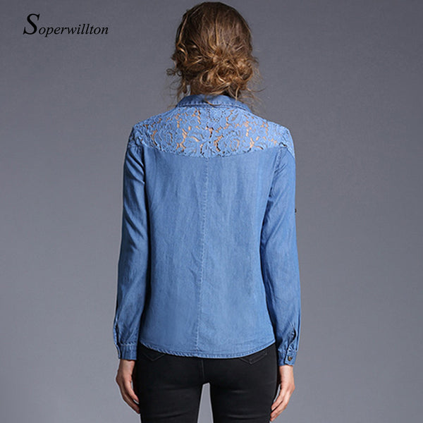 Soperwillton 2017 Embroidery Autumn Blouse Elegant Lace Patchwork Denim Shirts Women Casual Long Sleeve Tops Blouses #BB0780