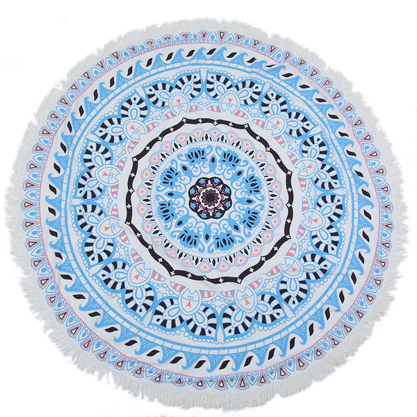Blue wreath Round Mandala Beach Towel Tassel Fringing Beach Throw Round Mat Table Cloth Wall Tapestries Polyester 150x150cm - ilovealma