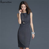 Soperwillton 2016 New Summer Office Dress Women Elegant O-neck Sleeveless Knee Length Wear to Work Sheath Ladies Dresses #BD725