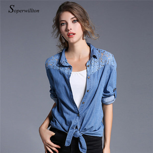 Soperwillton 2017 Embroidery Autumn Blouse Elegant Lace Patchwork Denim Shirts Women Casual Long Sleeve Tops Blouses #BB0780
