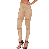 Fashion Suede Women Lace Up Bandage Feet Legging Pants