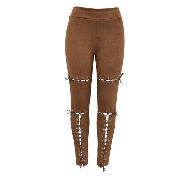 Fashion Suede Women Lace Up Bandage Feet Legging Pants