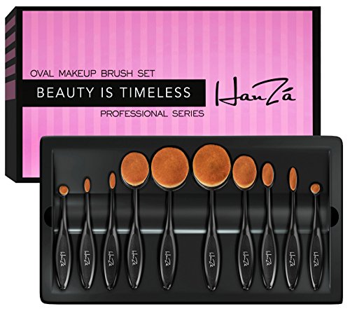 Makeup Brushes by HanZá - 10 PIECE Professional Oval Makeup Brush Sets For Powder, Blush, Foundation, Concealer, Eyeliner, Eye Shadow, Etc. Easily Blends and Contours Cosmetics