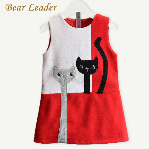 Bear Leader Girls Dress 2016 Fashion Style Cartoon Cats Dress Sleeveless Wool Outwears O-neck Embroidery Children Clothing 3-7Y - ilovealma