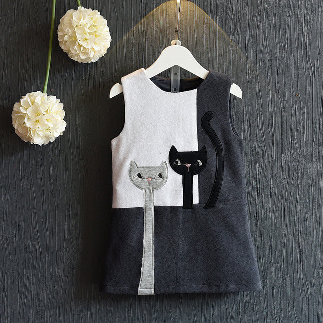 Bear Leader Girls Dress 2016 Fashion Style Cartoon Cats Dress Sleeveless Wool Outwears O-neck Embroidery Children Clothing 3-7Y - ilovealma