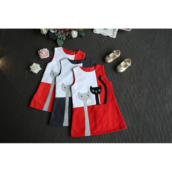 Bear Leader Girls Dress 2016 Fashion Style Cartoon Cats Dress Sleeveless Wool Outwears O-neck Embroidery Children Clothing 3-7Y - ilovealma