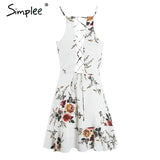 Simplee A-line ruffles floral print summer dress women Deep v neck backless bandage sexy dress Casual party short dress