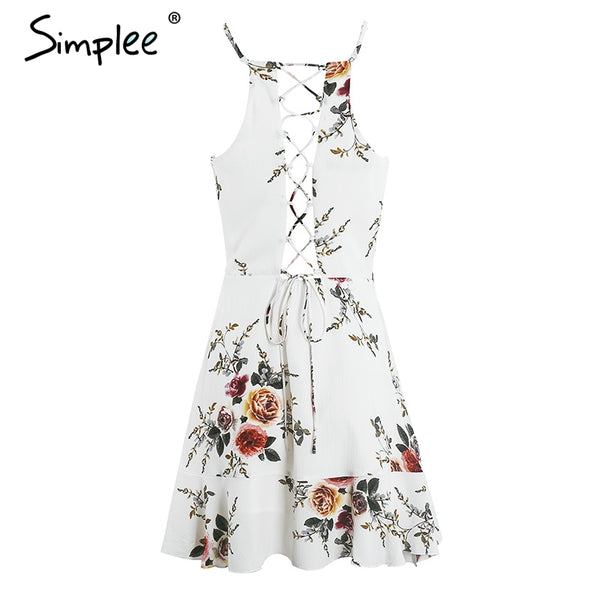 Simplee A-line ruffles floral print summer dress women Deep v neck backless bandage sexy dress Casual party short dress