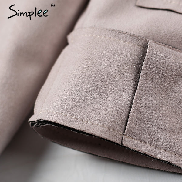 Simplee Apparel Zipper basic suede jacket coat 2016 motorcycle jacket Women outwear Pink belted short winter jackets