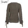 Simplee Casual o neck knitted sweater women jumper Lace up sleeve knitting pull femme 2017 autumn winter sweater pullover female