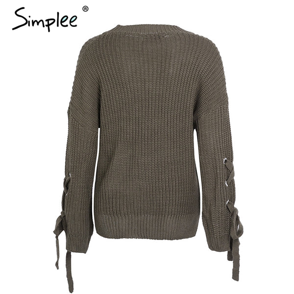 Simplee Casual o neck knitted sweater women jumper Lace up sleeve knitting pull femme 2017 autumn winter sweater pullover female