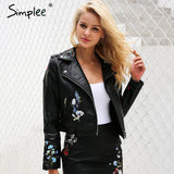 Simplee Embroidery black leather jacket women Zipper motorcycle faux leather coat Winter fashion biker jacket outerwear & coats