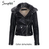 Simplee Fashion fur collar basic jacket coat outerwear coats Streetwear black faux leather coat female PU leather jacket women