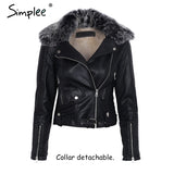 Simplee Fashion fur collar basic jacket coat outerwear coats Streetwear black faux leather coat female PU leather jacket women