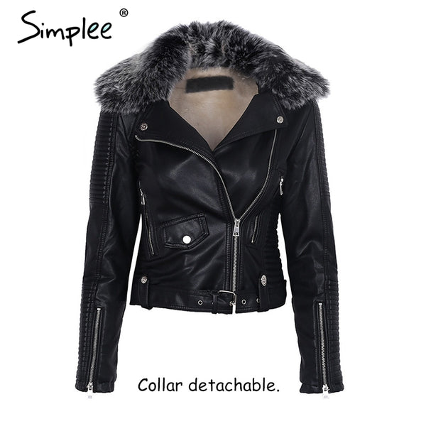Simplee Fashion fur collar basic jacket coat outerwear coats Streetwear black faux leather coat female PU leather jacket women
