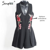 Simplee Halter elegant jumpsuit romper 2017 Hollow out embroidery playsuit for women deep v overalls short leotard