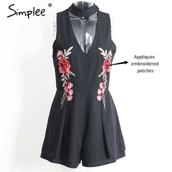 Simplee Halter elegant jumpsuit romper 2017 Hollow out embroidery playsuit for women deep v overalls short leotard