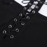 Simplee Halter lace up sexy sweater top tees Women off shoulder slim summer crop top Casual hollow out streewear female tops