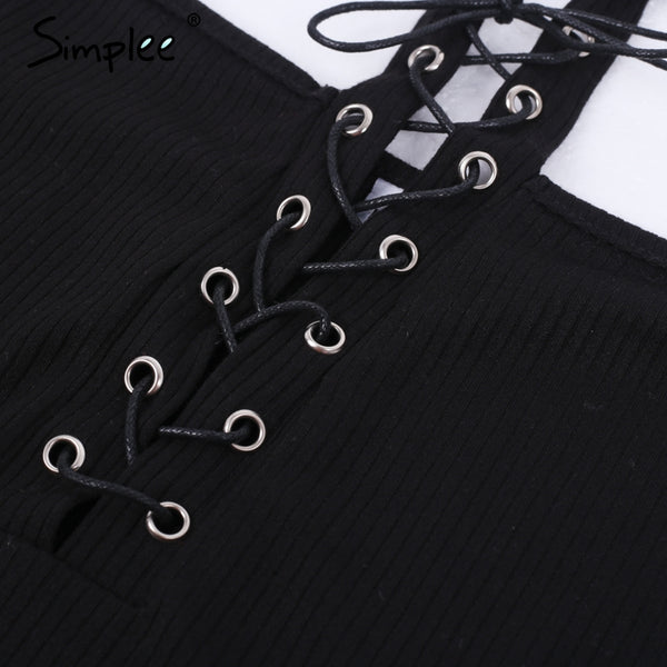 Simplee Halter lace up sexy sweater top tees Women off shoulder slim summer crop top Casual hollow out streewear female tops