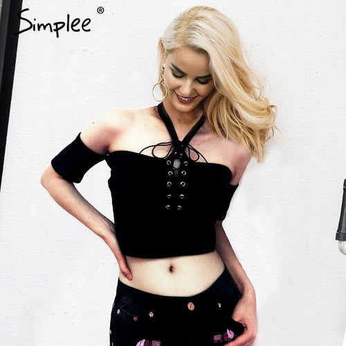Simplee Halter lace up sexy sweater top tees Women off shoulder slim summer crop top Casual hollow out streewear female tops