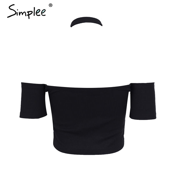 Simplee Halter lace up sexy sweater top tees Women off shoulder slim summer crop top Casual hollow out streewear female tops