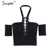Simplee Halter lace up sexy sweater top tees Women off shoulder slim summer crop top Casual hollow out streewear female tops