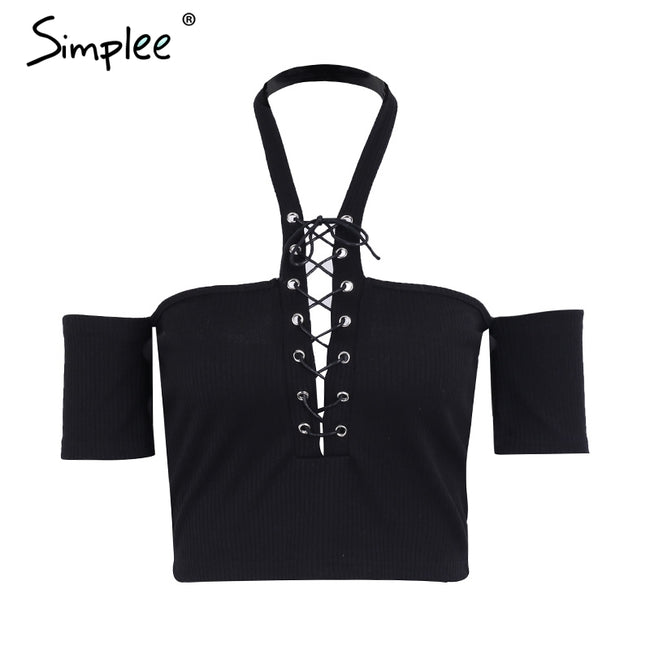 Simplee Halter lace up sexy sweater top tees Women off shoulder slim summer crop top Casual hollow out streewear female tops