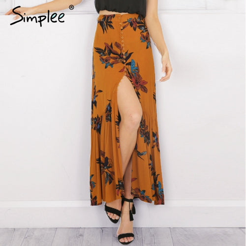 Simplee High waist boho print long skirt Women split maxi skirt floral print beach skirt Female chic vintage 2017 summer skirt