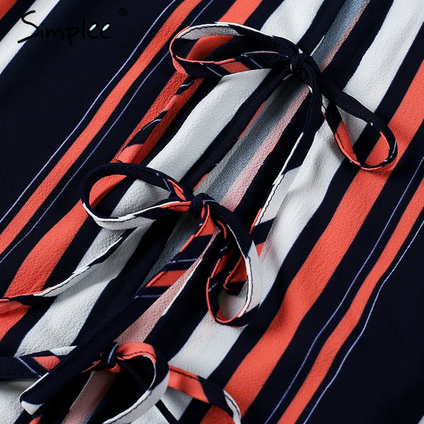 Simplee Lace up chiffon blouse shirt Sexy v neck lantern sleeve shirt women Winter 2016 cool blouse striped blusas