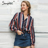 Simplee Lace up chiffon blouse shirt Sexy v neck lantern sleeve shirt women Winter 2016 cool blouse striped blusas