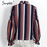 Simplee Lace up chiffon blouse shirt Sexy v neck lantern sleeve shirt women Winter 2016 cool blouse striped blusas