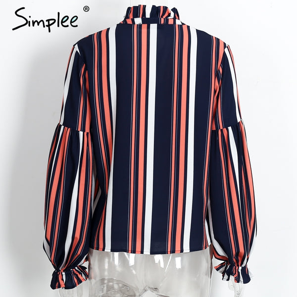 Simplee Lace up chiffon blouse shirt Sexy v neck lantern sleeve shirt women Winter 2016 cool blouse striped blusas