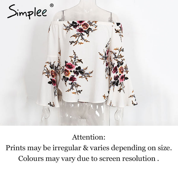 Simplee Off shoulder chiffon blouse shirt women Sexy summer white print blouse Casual flare sleeve cool blouse