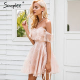 Simplee Off shoulder flower mesh summer dress women Elegant high waist backless mini dress 2017 Fashion strapless party dresses