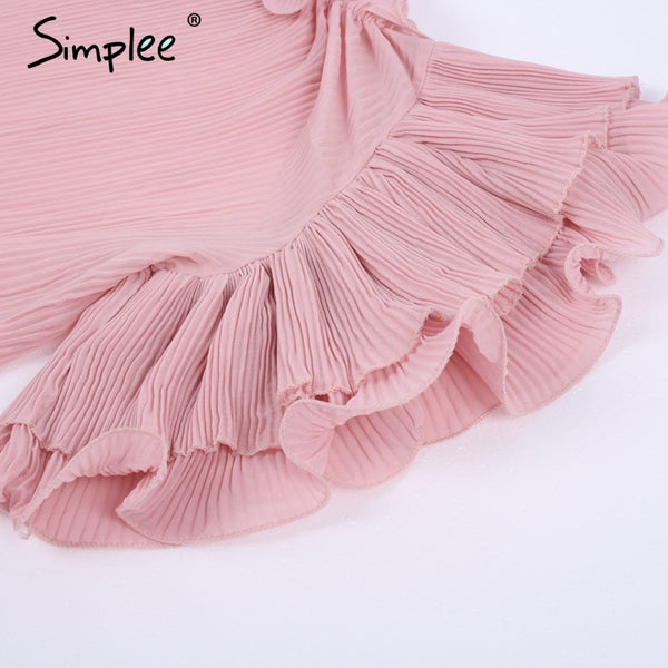 Simplee Ruffle off shoulder chiffon blouse shirt Women elegant pleated summer blouse top tees Female casual white blouse bluasa