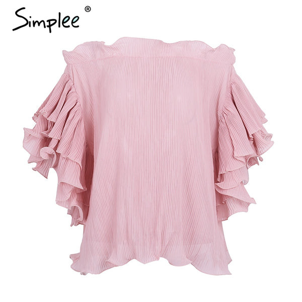 Simplee Ruffle off shoulder chiffon blouse shirt Women elegant pleated summer blouse top tees Female casual white blouse bluasa