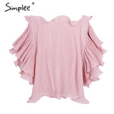 Simplee Ruffle off shoulder chiffon blouse shirt Women elegant pleated summer blouse top tees Female casual white blouse bluasa