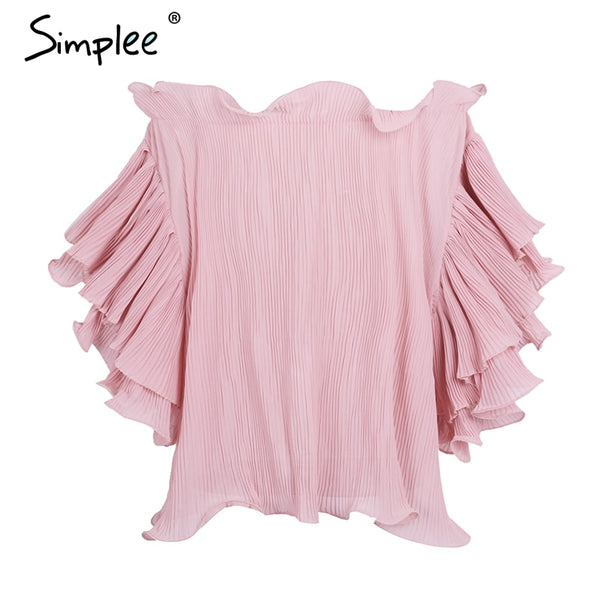 Simplee Ruffle off shoulder chiffon blouse shirt Women elegant pleated summer blouse top tees Female casual white blouse bluasa