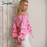 Simplee Ruffled off shoulder white blouse shirt Autumn sexy ruched sleeve cool blouse Women waist tie cotton top tees blusas