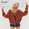 Simplee Sexy backless knitting pullover Fashion lace up autumn winter sweater women tops Casual hollow out jumper pull femme