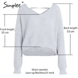 Simplee Sexy backless knitting pullover Fashion lace up autumn winter sweater women tops Casual hollow out jumper pull femme
