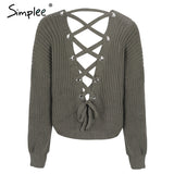 Simplee Sexy backless knitting pullover Fashion lace up autumn winter sweater women tops Casual hollow out jumper pull femme